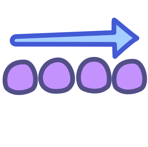 4 purple circles arranged in a horizontal line have a blue arrow above them pointing from left to right. The image has dark line art